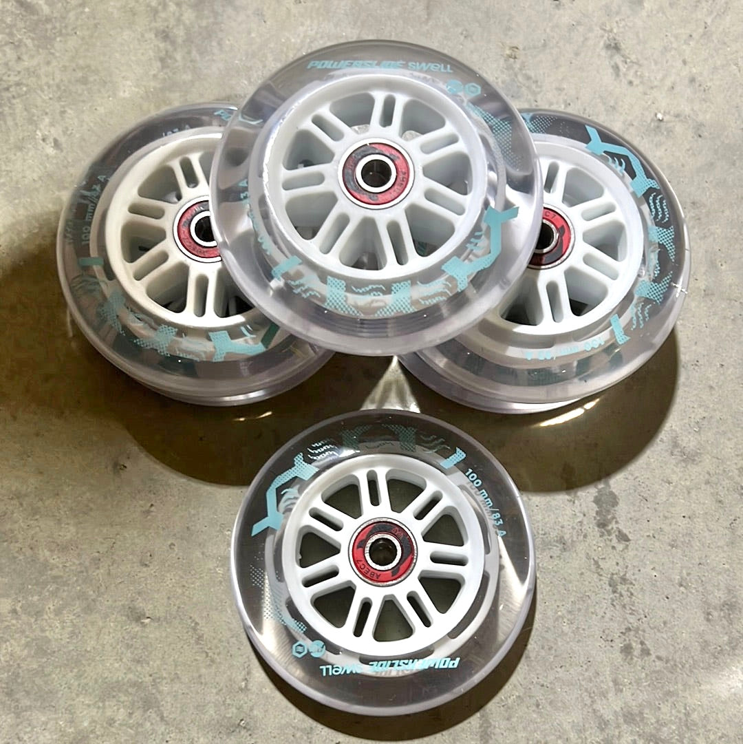 Powerslide Clear Swell Wheels 100mm 83a with Abec 7 Bearings ($19 for a 6 pack)